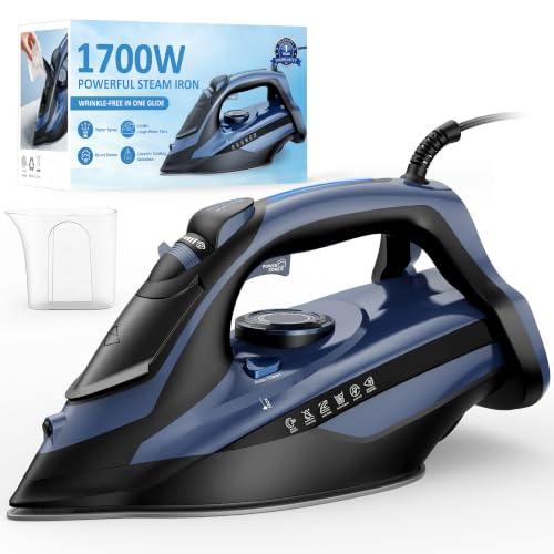 LEVOORA Steam Iron for Clothes 20s Fast Heating, Iron for Vertical Steaming | 1700W Steamer Ironing 15.21oz Large Water Tank, 3-Wa Auto shutoff, Burst Steam, Spray Mist, Self-Cleaning, Anti-Drip, Blue