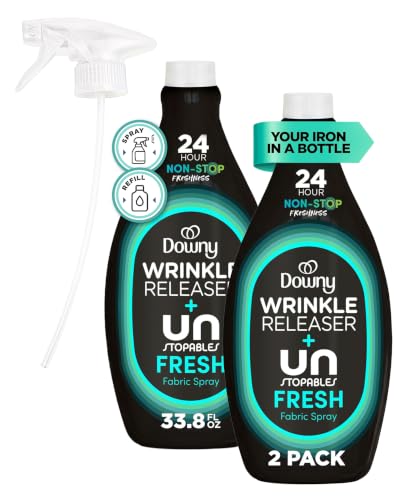 Downy Wrinkle Releaser Spray, All In One Wrinkle Release Spray, Odor Eliminator, Static Remover, Fabric Refresher & Ironing Aid for Clothes, 33.8 Fl Oz (Pack of 2), Unstopables Fresh Scent