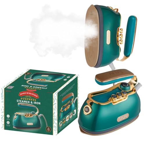 SALAV Retro Edition Duopress Handheld Garment Steamer & Iron, Ceramic Plate, 1000W, No Drip Steam, Vertical & Horizontal Steam, Emerald - Removes Wrinkles & Refreshes Clothes, Vintage Style